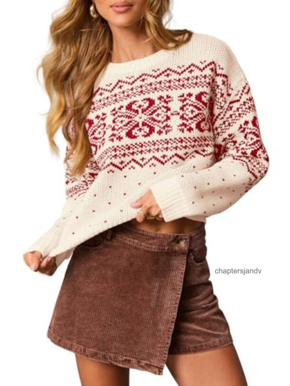 Fair Isle Oversized Pullover Sweater Acrylic Crew Neck Long Sleeve